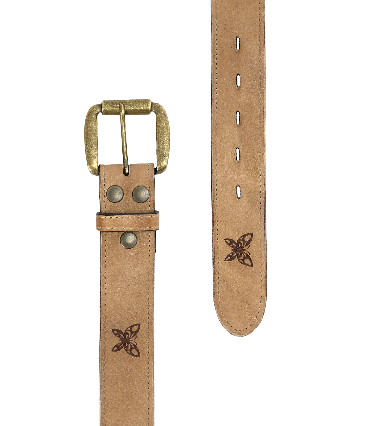 The Wander belt from Bed|Stü features light brown leather, a brass buckle, sturdy metal rivets, and a decorative stamped knot near the pointed end—this whimsical accessory will add subtle charm to any outfit.