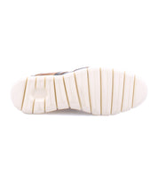 The image shows the bottom view of the Bed|Stü Wardell sneaker, featuring a white rubber sole with textured, rectangular treads and grooves that highlight the cushioned design for added comfort in this modern, layered leather shoe.