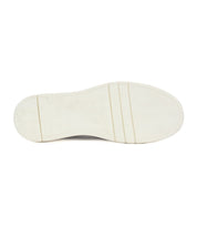 The image shows the bottom view of the Webmaster by Bed|Stü, featuring a white rubber sole with a herringbone tread pattern and two horizontal grooves near the front and back—design elements that highlight the grip and durability typical of comfortable shoes like a classic moc-toe sneaker.
