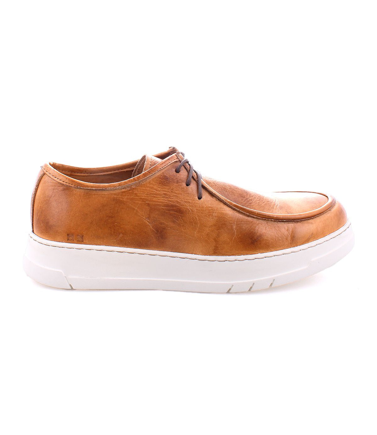 Introducing the Bed|Stü Webmaster: a brown leather moc-toe sneaker with dark brown laces and a white rubber sole, showcasing a lace-up design. Shown from the side against a white background.