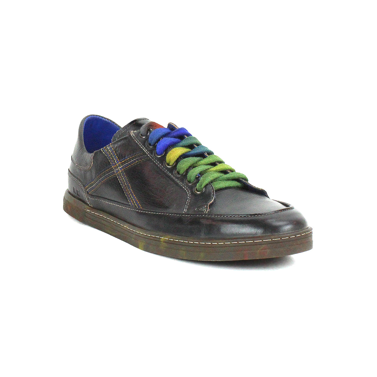 A single Bed|Stü Wizard low-profile leather sneaker in dark brown featuring blue, green, and purple laces, a blue inner lining, and visible crossover stitching, displayed on a white background.