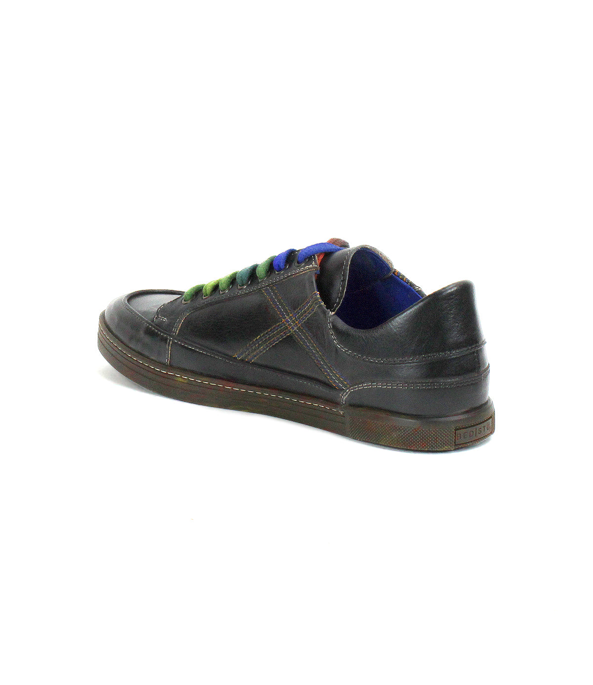 The Bed|Stü Wizard is a black, all-leather casual shoe featuring a low-profile sneaker design, multicolored laces, visible crossover stitching, and a low heel, shown here photographed on a white background.