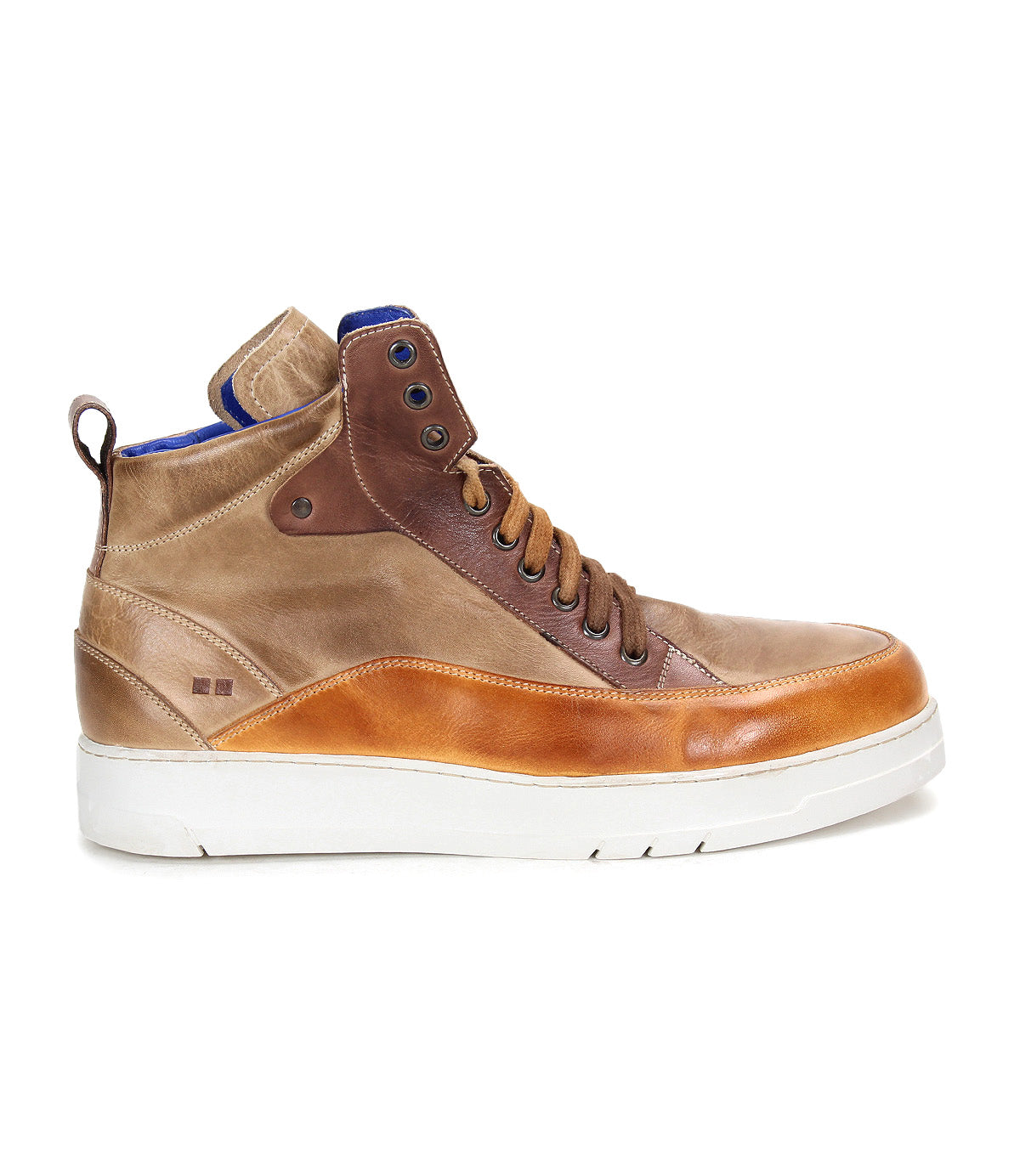 Introducing the Workbench by Bed|Stü: a men’s high-top sneaker in brown leather, highlighted by a white cushioned rubber sole, tan laces, and blue inner lining. Shown from the left-side profile, this versatile design is crafted for everyday wear.