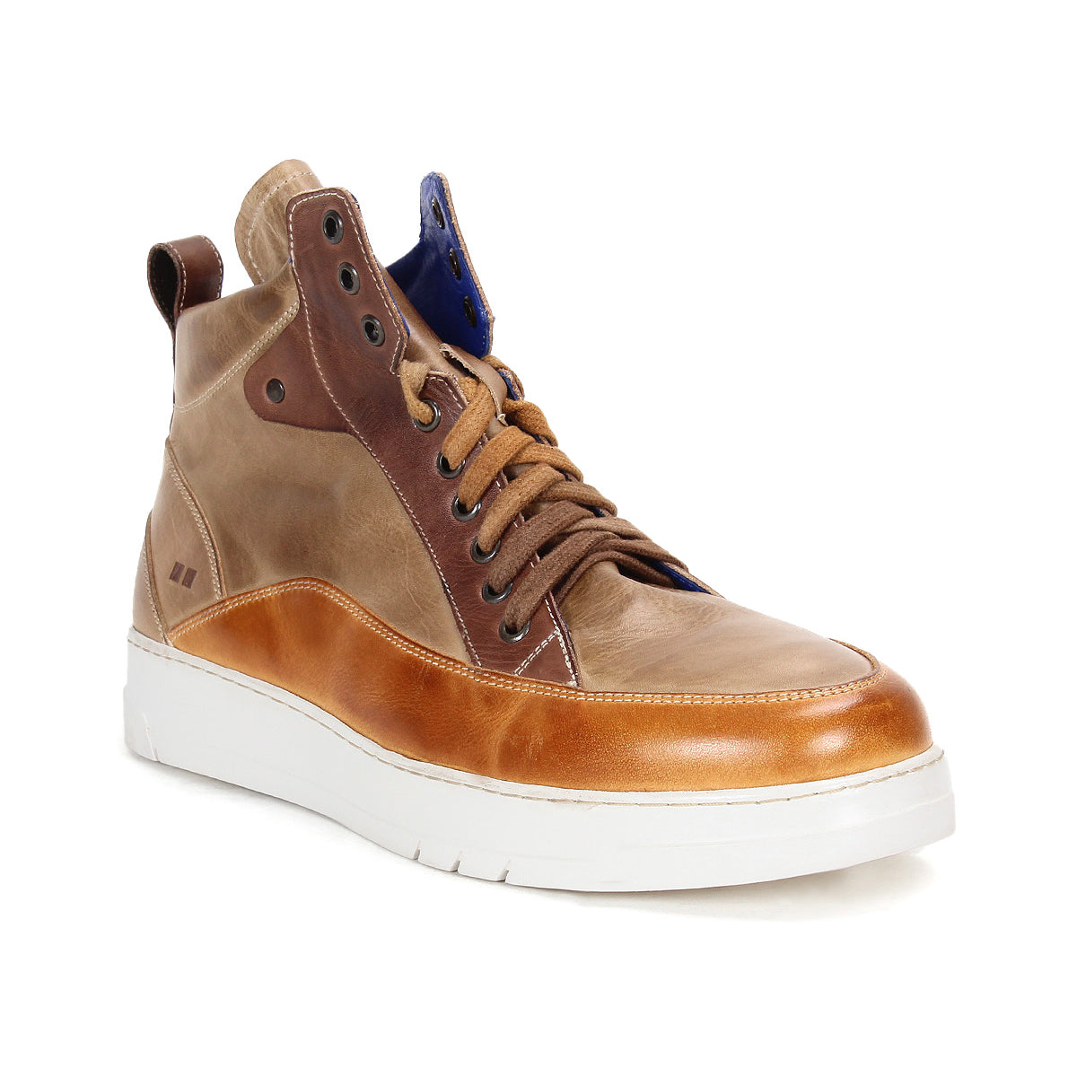The Bed|Stü Workbench is a brown and tan men’s high-top sneaker featuring a cushioned rubber sole, tan laces, and a blue inner tongue, designed for everyday versatility and shown at a slight angle.