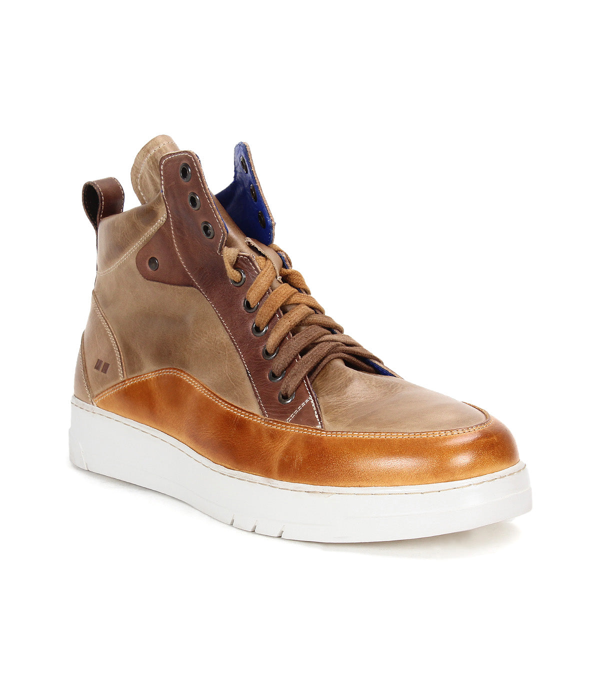 The Bed|Stü Workbench is a brown and tan men’s high-top sneaker featuring a cushioned rubber sole, tan laces, and a blue inner tongue, designed for everyday versatility and shown at a slight angle.
