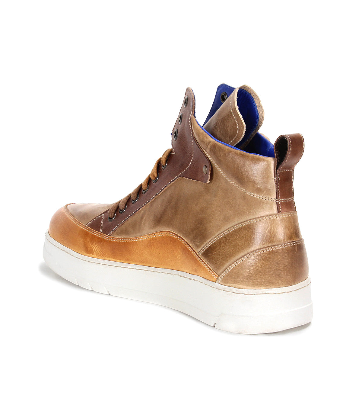 Bed|Stü Workbench men’s high-top sneaker with a cushioned rubber sole, white exterior, blue inner lining, and tan leather accents—viewed from the back left side and crafted for everyday versatility.