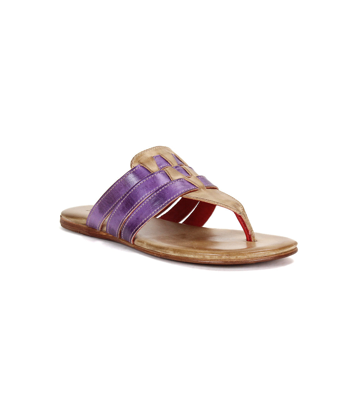 The Yoli leather thong sandal by Bed|Stü features a tan sole, purple leather straps with a toe loop, an open back design, and a cushioned insole for lasting comfort.
