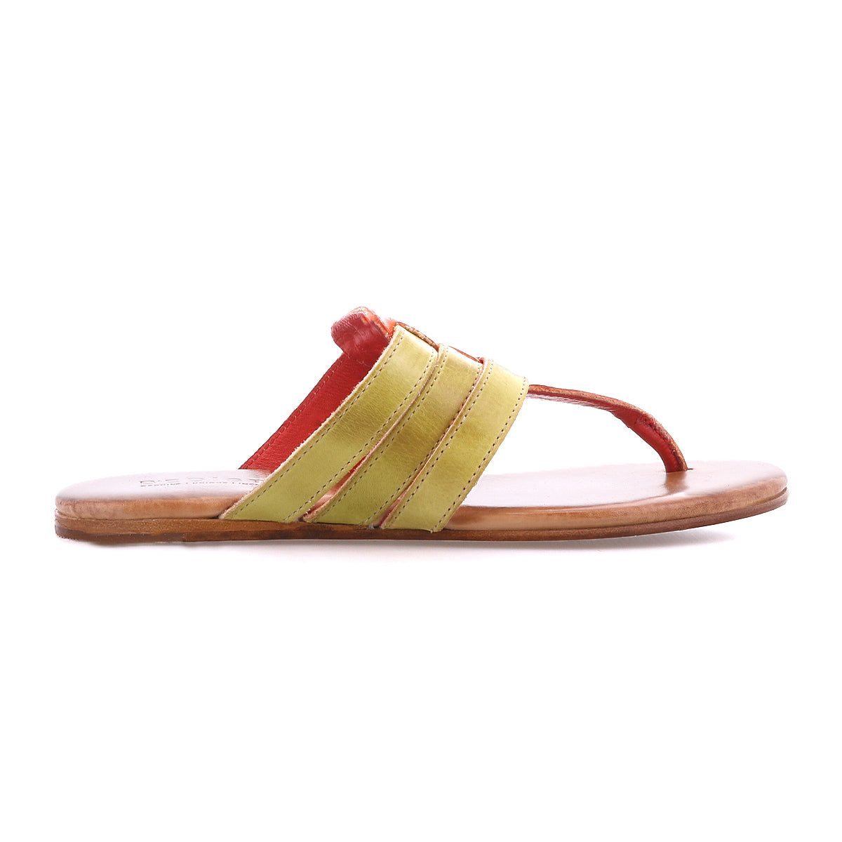 Introducing the Yoli by Bed|Stü—a flat sandal featuring a wooden sole, vibrant yellow and red leather straps, and an open-toe design. Seen from the side, this sandal also includes a cushioned insole for enhanced comfort.