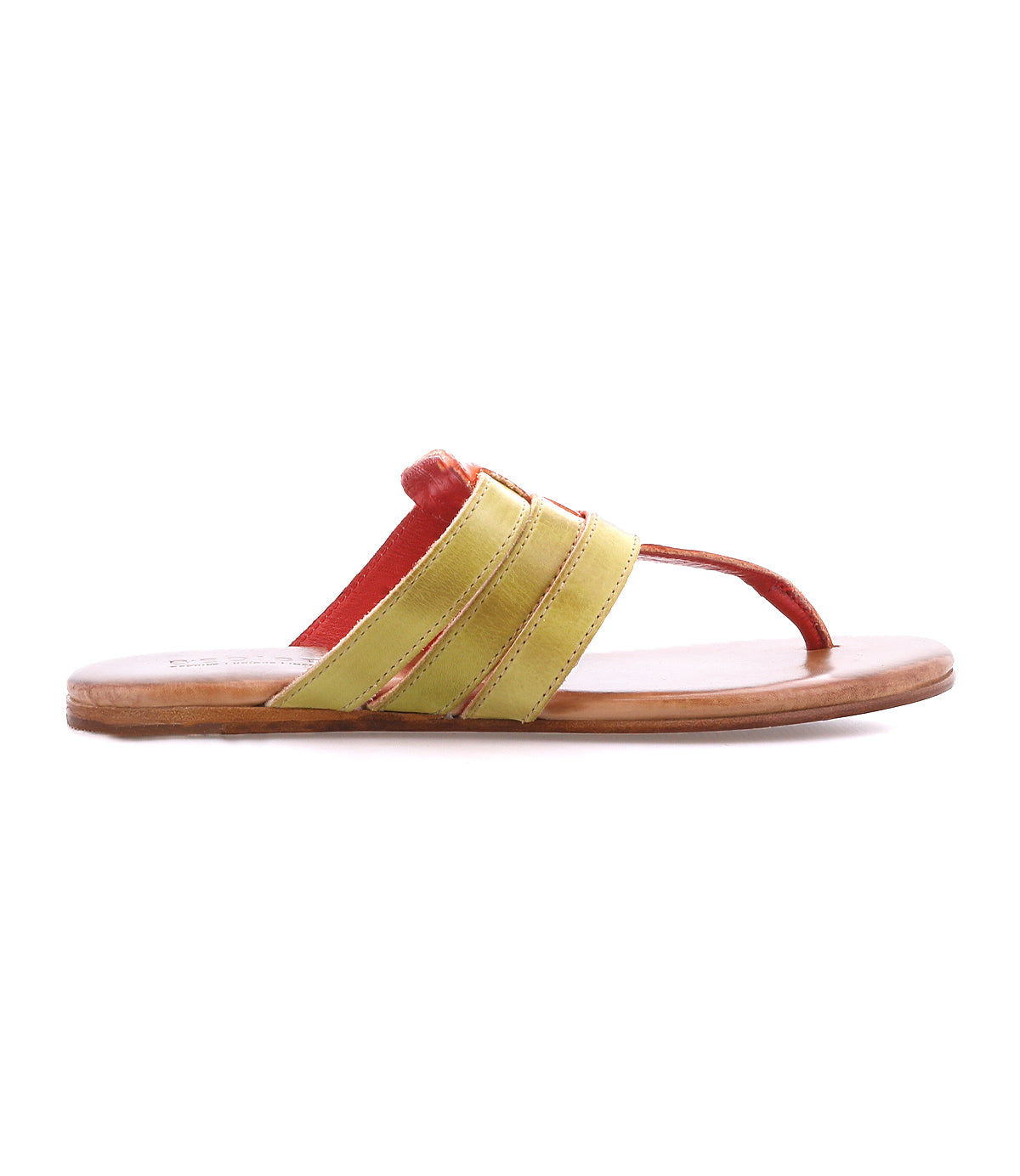 Introducing the Yoli by Bed|Stü—a flat sandal featuring a wooden sole, vibrant yellow and red leather straps, and an open-toe design. Seen from the side, this sandal also includes a cushioned insole for enhanced comfort.