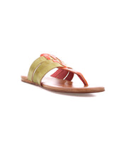 The Yoli sandal by Bed|Stü is a flat leather thong sandal with a brown sole, green and orange straps, and an open toe design, featuring a cushioned insole for added comfort; photographed on a white background.