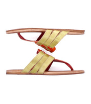 A pair of Bed|Stü Yoli sandals featuring yellow and orange straps, brown soles, a cushioned insole, and an open-toe design, displayed side by side against a white background.