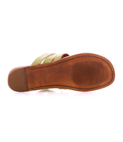 Bottom view of the Bed|Stü Yoli sandal, featuring a tan leather sole with ribbed non-slip sections at the heel and ball, and partially visible light green woven upper straps.