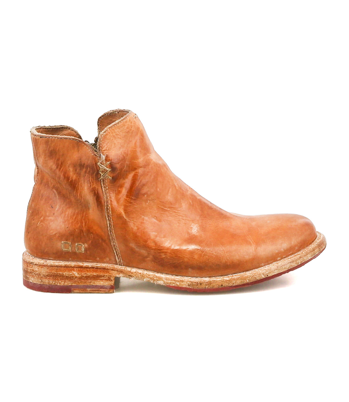 A single Yurisa ankle boot by Bed|Stü, handcrafted from brown leather with visible creases and stitching, features a low heel, a slightly worn sole with a durable leather outsole, and is shown in side profile against a white background.