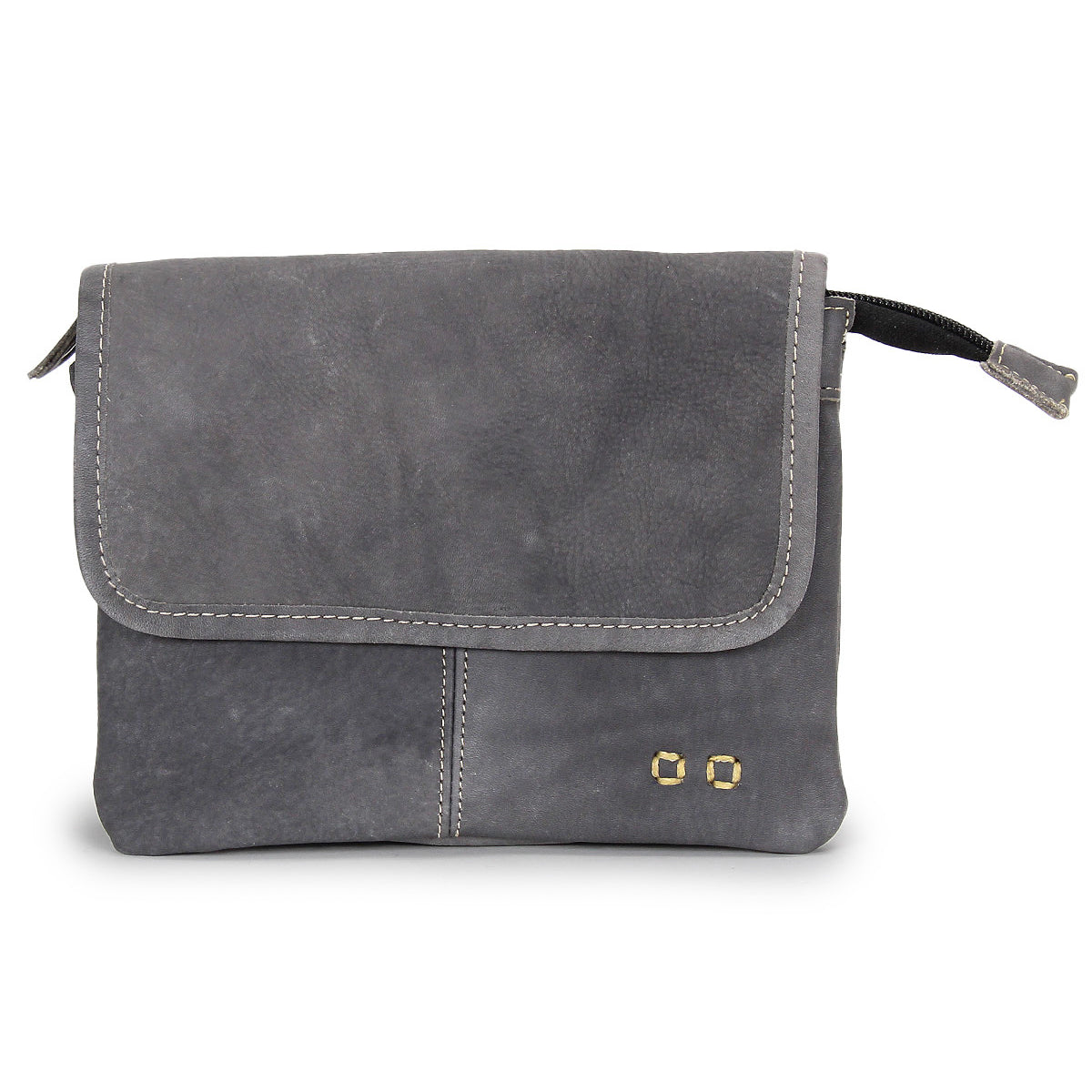 Introducing the Ziggy by Bed|Stü—a small, rectangular belt bag in gray, crafted from supple leather. This stylish accessory features a flap cover with visible stitching and is accented by two gold-colored square studs on the lower right corner.