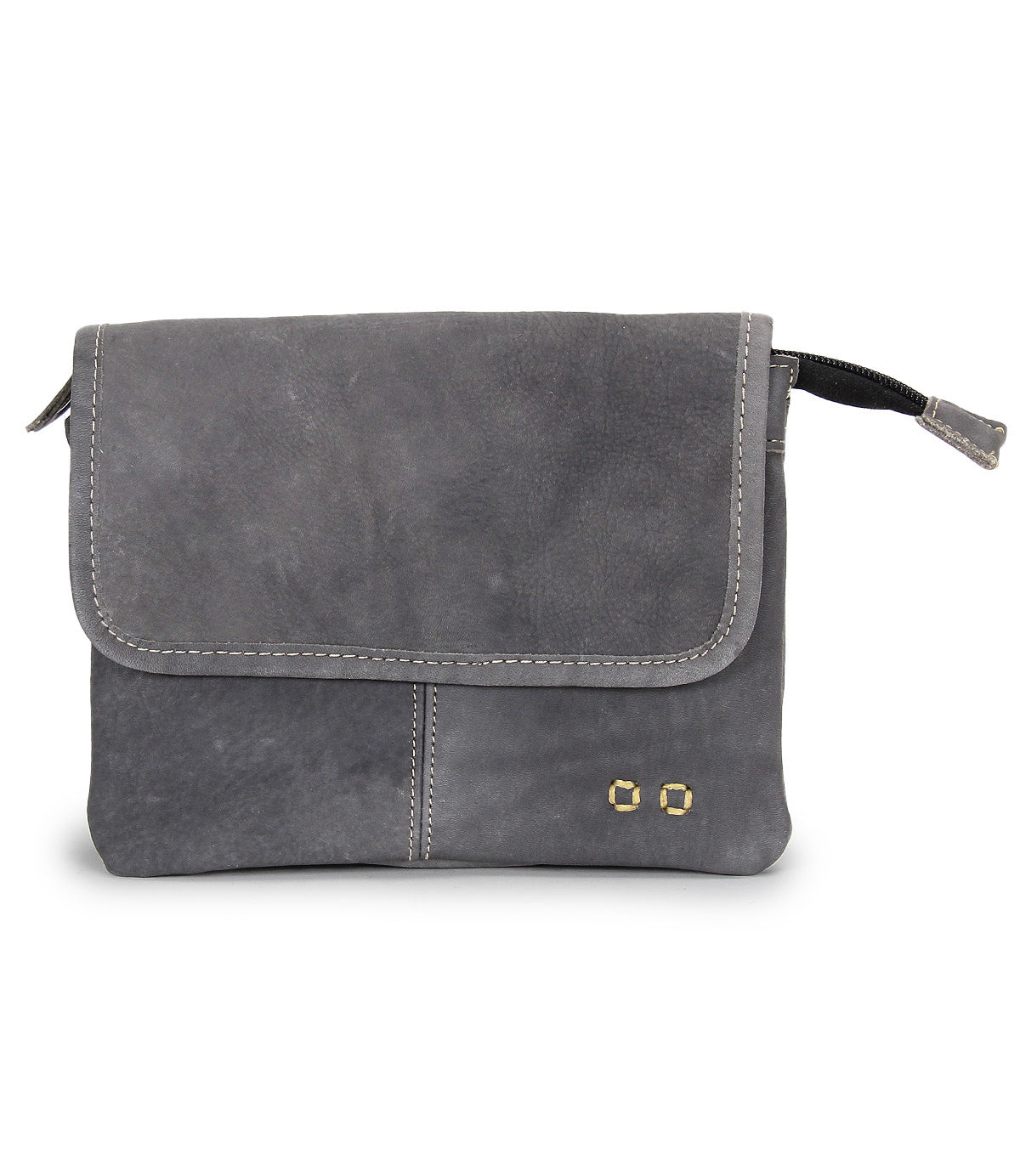 Introducing the Ziggy by Bed|Stü—a small, rectangular belt bag in gray, crafted from supple leather. This stylish accessory features a flap cover with visible stitching and is accented by two gold-colored square studs on the lower right corner.