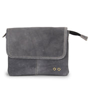 Introducing the Ziggy by Bed|Stü—a small, rectangular belt bag in gray, crafted from supple leather. This stylish accessory features a flap cover with visible stitching and is accented by two gold-colored square studs on the lower right corner.
