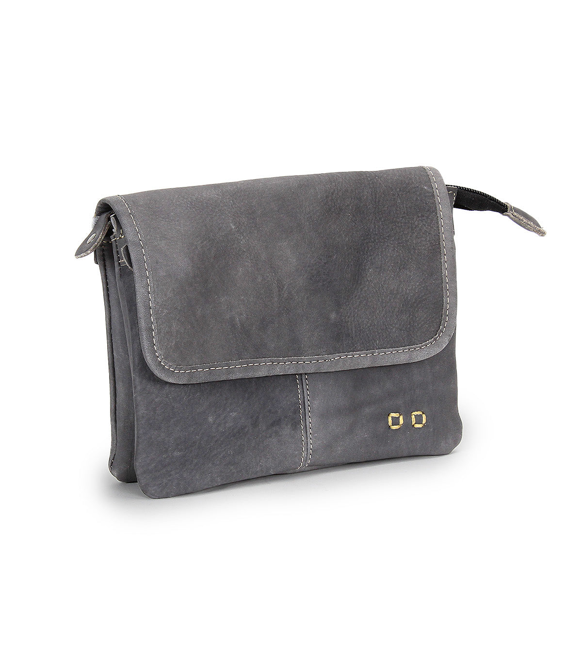 Introducing Ziggy by Bed|Stü: a compact, rectangular gray messenger bag meticulously crafted from supple leather. It features a front flap, visible stitching, and two gold-tone metal accents on the lower right corner. This versatile design can also be worn as a crossbody for added convenience.