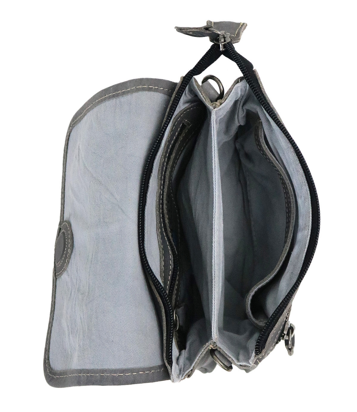 Bed|Stü’s Ziggy is a gray fabric wallet featuring an open flap and zipper, with multiple empty compartments and white stitching details—a compact and practical design reminiscent of a crossbody bag.