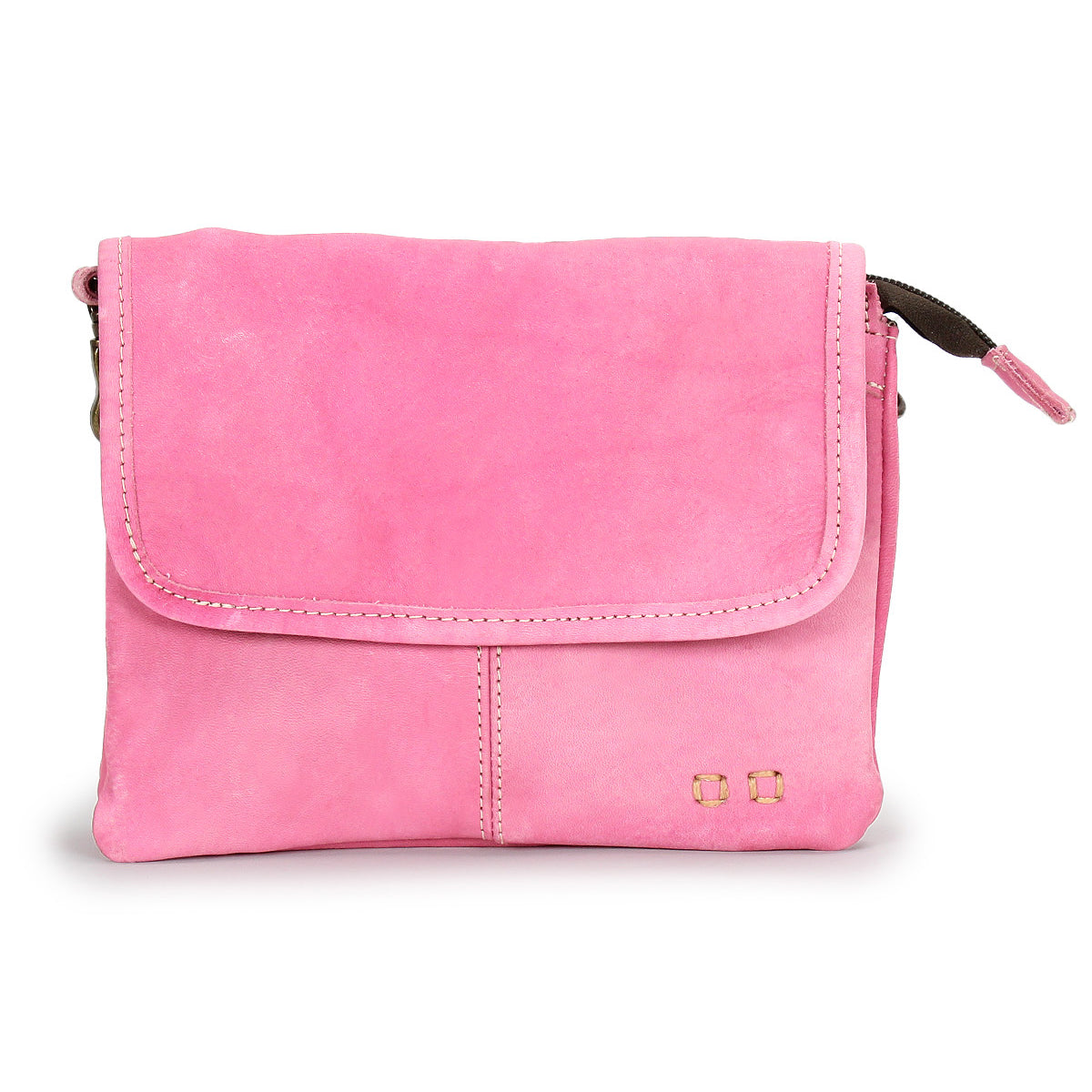 The Ziggy by Bed|Stü is a small, rectangular crossbody bag crafted from pink suede leather, featuring a luxurious feel, minimal front stitching detail, and a flap closure.