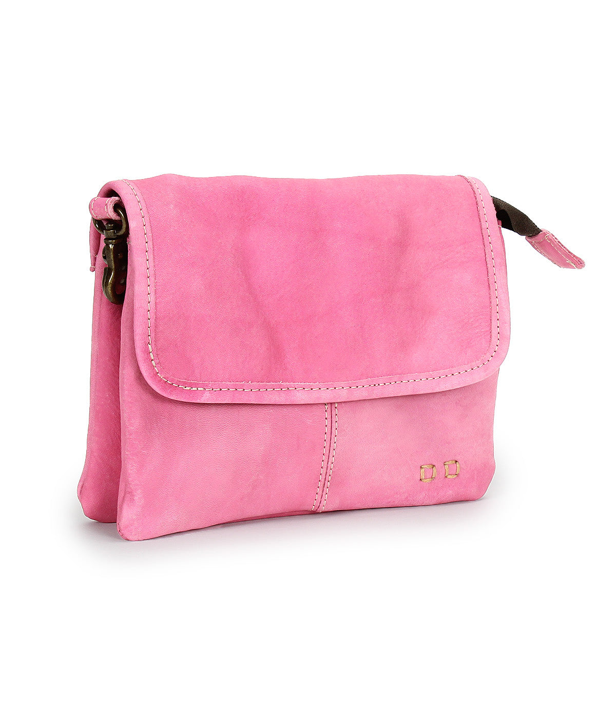 The Ziggy by Bed|Stü is a small, rectangular pink crossbody bag crafted from supple leather, featuring a front flap with two small gold square accents in the bottom right corner.