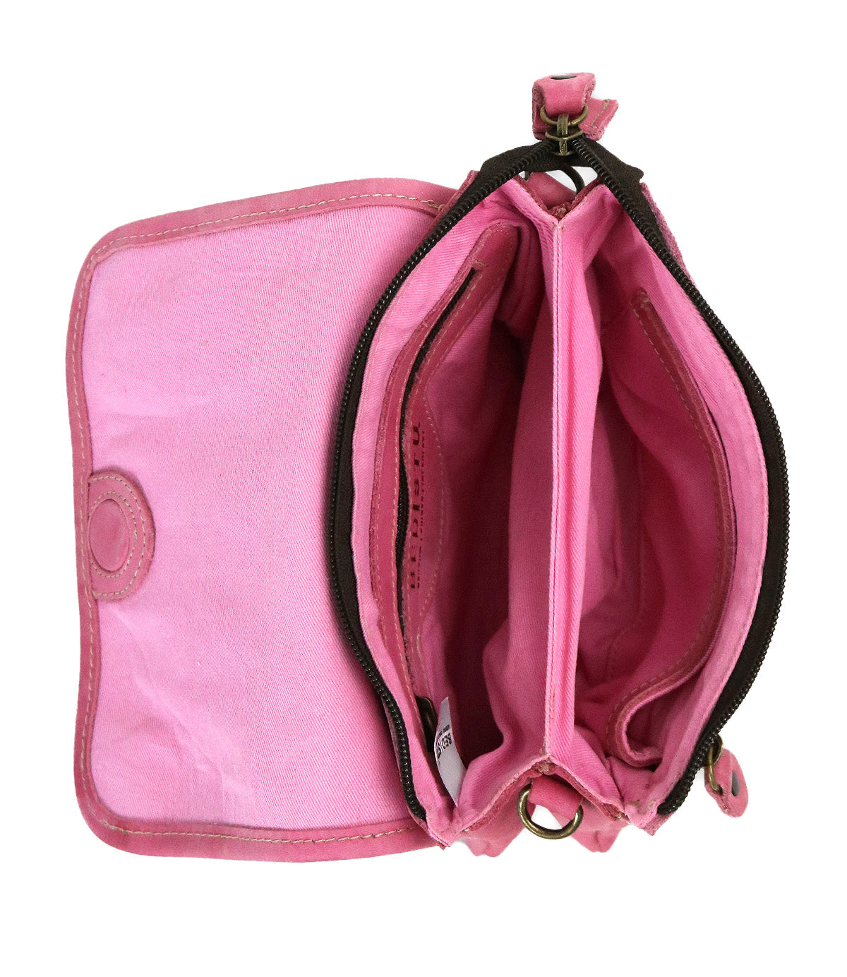 The Ziggy wallet by Bed|Stü is an open, empty pink fabric wallet featuring two main compartments and a snap button flap—perfect for slipping into your favorite crossbody or belt bag.