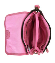 The Ziggy wallet by Bed|Stü is an open, empty pink fabric wallet featuring two main compartments and a snap button flap—perfect for slipping into your favorite crossbody or belt bag.