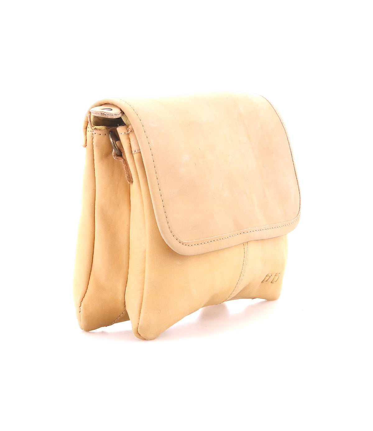 The Bed|Stü Ziggy is a light tan, supple leather crossbody bag featuring a flap closure, two compartments, and visible stitching, shown against a white background.