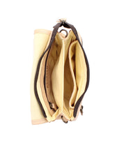 The Bed|Stü Ziggy wallet, crafted from supple beige and brown leather, is open to reveal multiple compartments and pockets for organizing cards, cash, and coins.