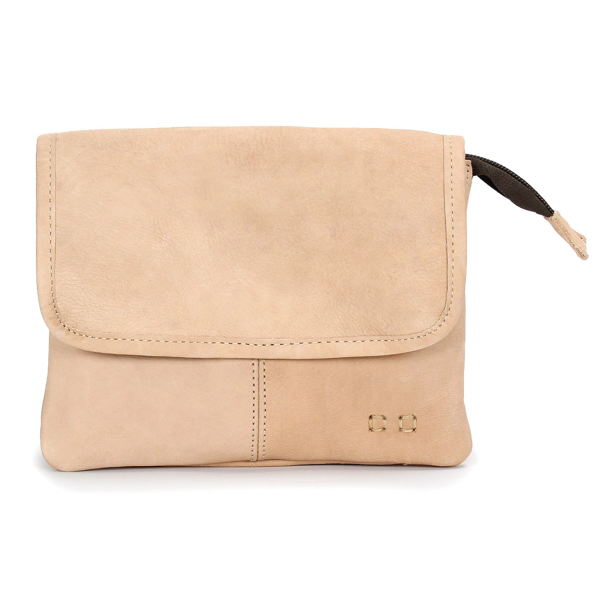 Introducing Ziggy by Bed|Stü—a compact beige leather pouch crafted from supple leather, featuring a flap closure, decorative stitching, and a black zipper pull on the right side. Perfect for carrying your everyday essentials as a versatile belt bag or crossbody.