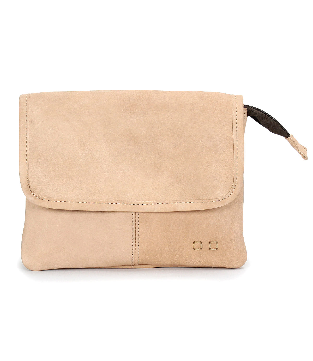 Introducing Ziggy by Bed|Stü—a compact beige leather pouch crafted from supple leather, featuring a flap closure, decorative stitching, and a black zipper pull on the right side. Perfect for carrying your everyday essentials as a versatile belt bag or crossbody.