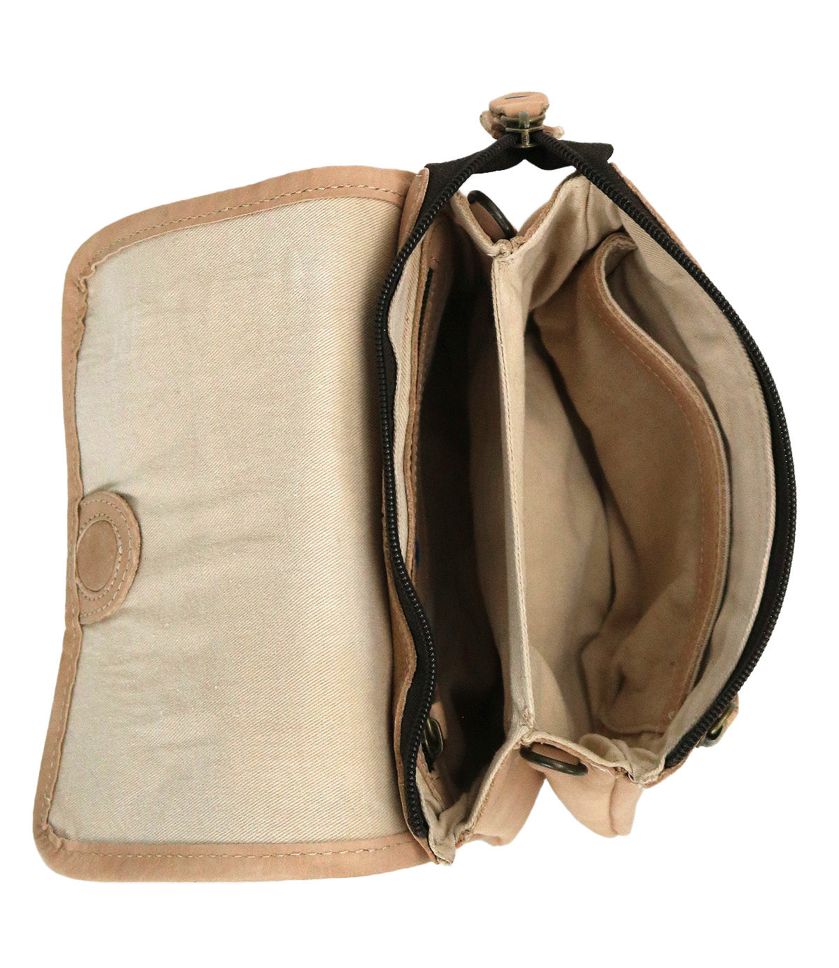 The Ziggy by Bed|Stü is an open beige fabric wallet featuring multiple compartments—including one with a zipper and another with a snap button closure—shown from a top-down view, ideal for slipping into your favorite crossbody bag for everyday organization.