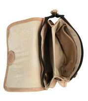 The Ziggy by Bed|Stü is an open beige fabric wallet featuring multiple compartments—including one with a zipper and another with a snap button closure—shown from a top-down view, ideal for slipping into your favorite crossbody bag for everyday organization.