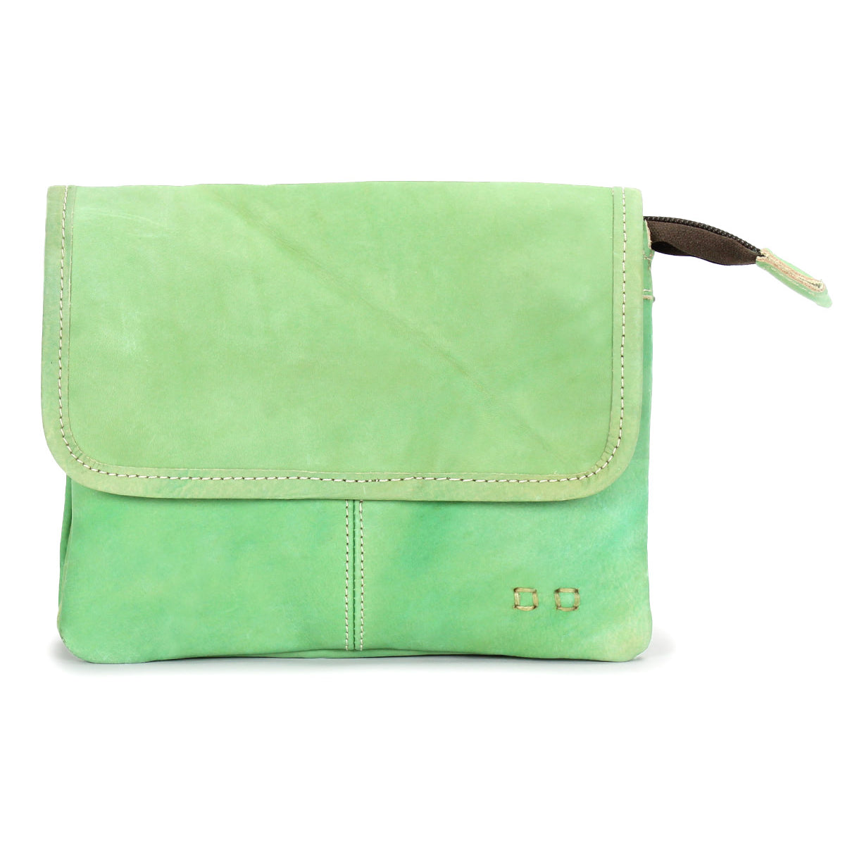 The Ziggy crossbody bag by Bed|Stü is crafted from supple light green leather, featuring a front flap, visible stitching, and two small metal studs on the lower right corner.
