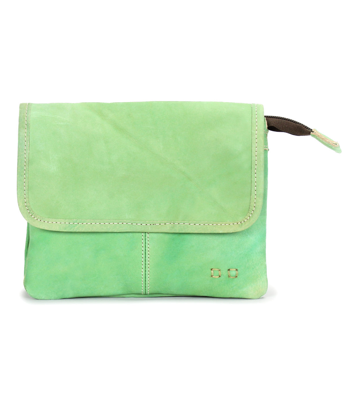 The Ziggy crossbody bag by Bed|Stü is crafted from supple light green leather, featuring a front flap, visible stitching, and two small metal studs on the lower right corner.