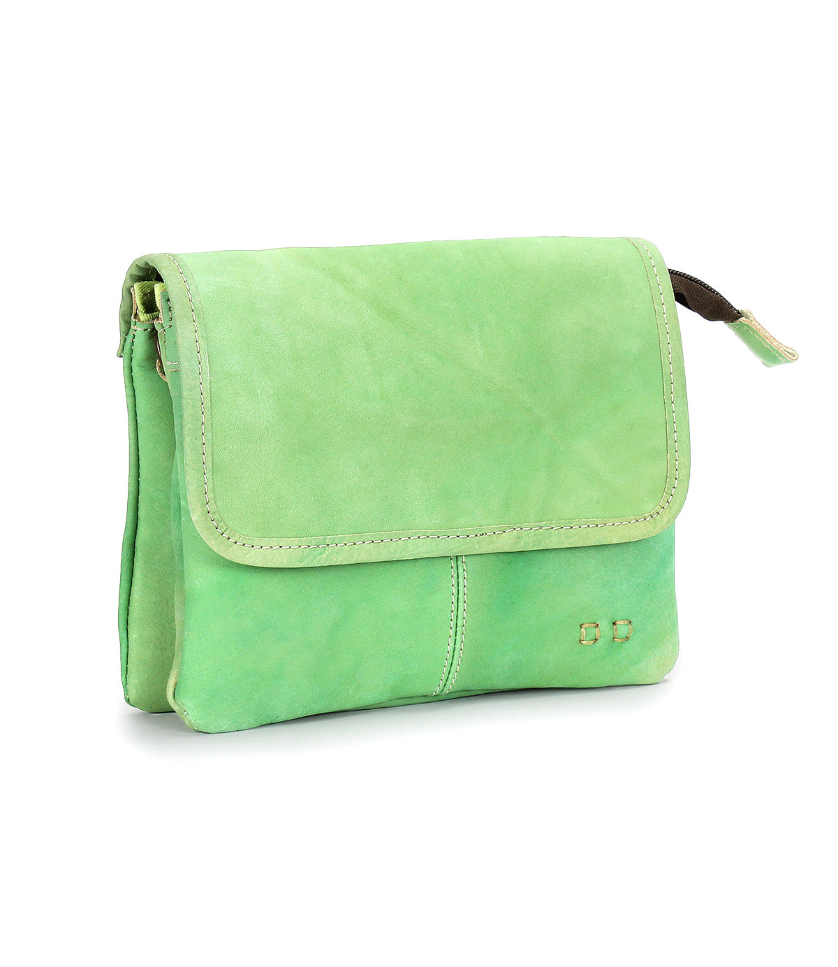 Introducing Ziggy by Bed|Stü—a small, light green crossbody bag crafted from supple leather, featuring a flap closure and subtle stitching, beautifully displayed against a white background.