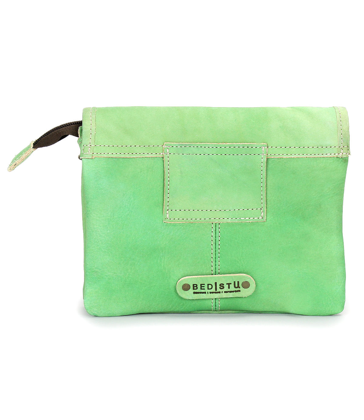 Introducing the Ziggy by Bed|Stü—a versatile green leather zip pouch crafted from supple leather, featuring a front flap and a distinctive "Bed|Stü" metal logo plate at the bottom. Perfect for carrying as either a belt bag or crossbody, this accessory combines practicality with effortless style.