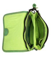 The Bed|Stü Ziggy wallet in green fabric is open and viewed from above, revealing multiple compartments, a zipper pouch, and a snap closure—its organized interior reminiscent of a classic belt bag. The wallet is empty.