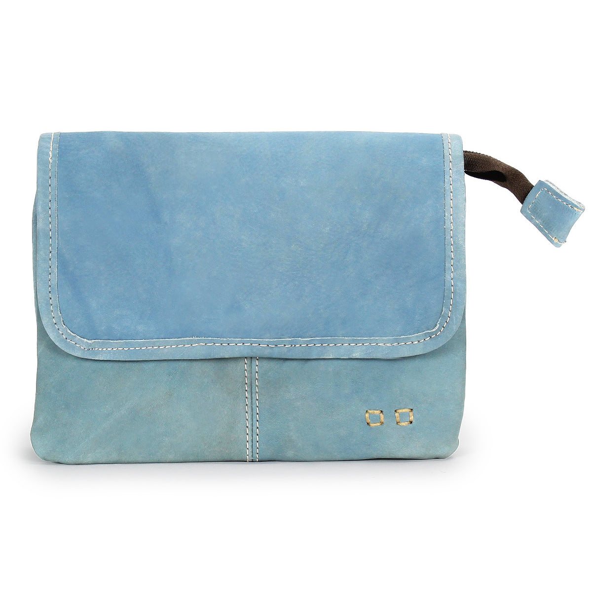 Introducing the Ziggy by Bed|Stü—a light blue clutch bag crafted from supple leather. It features a fold-over flap, white stitching, small gold accents, and a convenient side pull tab. Versatile in design, the Ziggy can also be worn as a crossbody bag for effortless hands-free style.