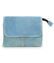 Introducing the Ziggy by Bed|Stü—a light blue clutch bag crafted from supple leather. It features a fold-over flap, white stitching, small gold accents, and a convenient side pull tab. Versatile in design, the Ziggy can also be worn as a crossbody bag for effortless hands-free style.