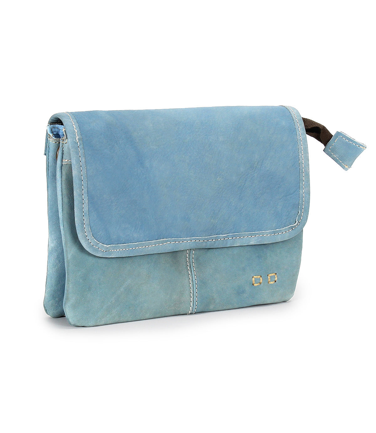 The Ziggy by Bed|Stü is a light blue crossbody bag crafted from supple leather, featuring a flap closure, white stitching, and two small gold square embellishments on the front.