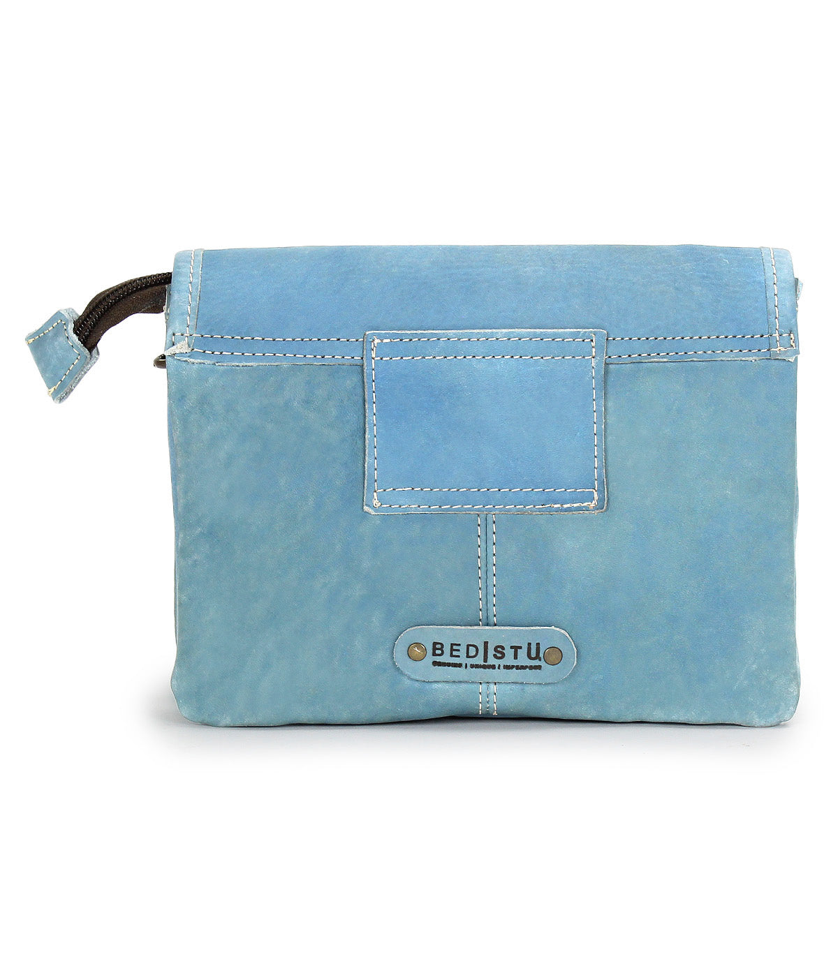 Light blue supple leather zippered pouch named "Ziggy" by Bed|Stü, featuring a rectangular flap and a Bed|Stü logo patch on the front; versatile design allows it to be styled as either a crossbody bag or belt bag.