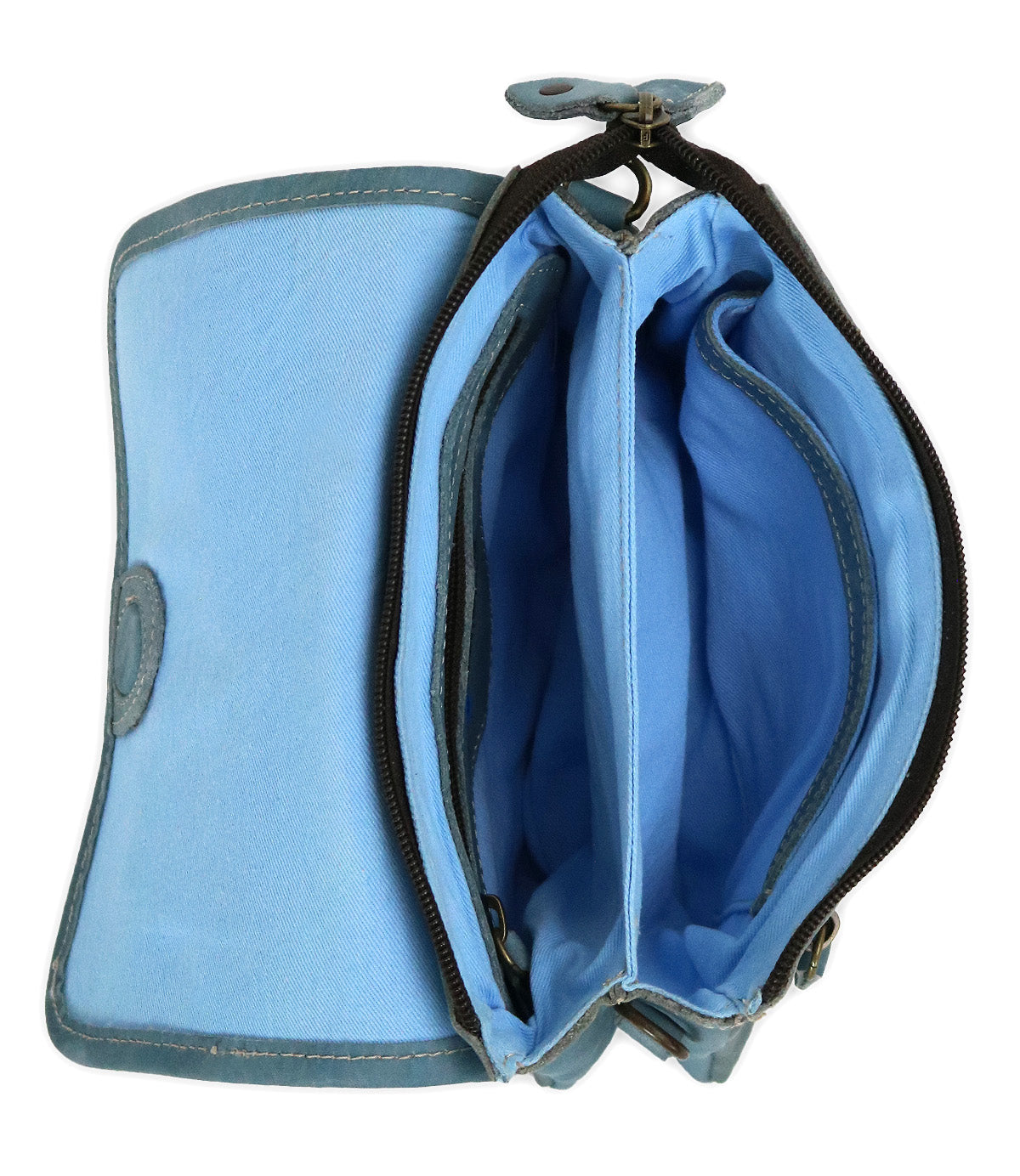 Introducing the Ziggy by Bed|Stü: an open blue fabric wallet viewed from above, showcasing multiple compartments, a secure zipper pocket, and supple leather accents that enhance both its durability and style.