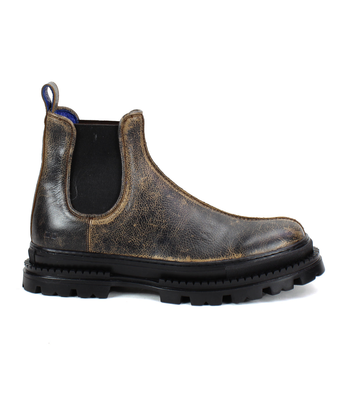 The Bed|Stü Accelerate is a single brown distressed leather Chelsea boot, featuring black elastic side panels and a thick black lug outsole, shown in profile on a white background—blending classic style with a modern edge.