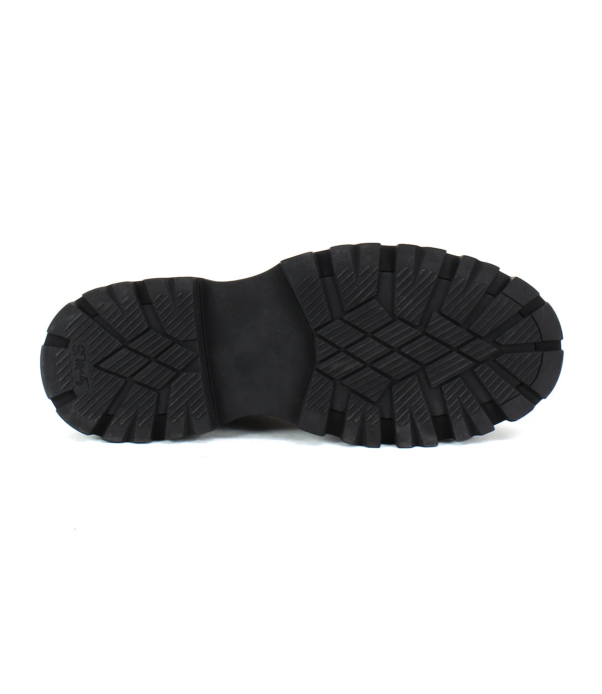 Sure! Here is the rewritten sentence using the provided product data: The Accelerate by Bed|Stü features a black rubber shoe sole with a deep, rugged lug outsole tread pattern, shown from the bottom and isolated on a white background—perfect for adding a modern edge to any Chelsea boot design.