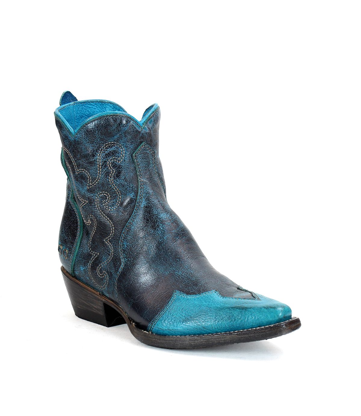 The Bed|Stü Ace boot, expertly crafted in traditional bootmaking style from black and turquoise full-grain leather, features a pointed toe, mid-height heel, and decorative stitching; it is photographed on a white background.