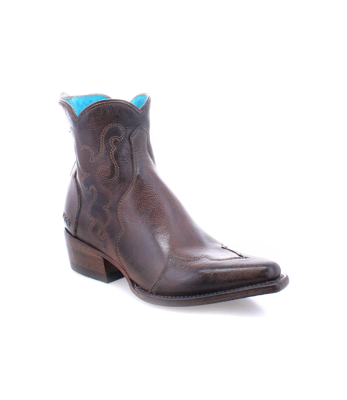 The Bed|Stü Ace is a single brown full-grain leather Western boot, featuring decorative stitching, a pointed toe, a stacked heel, and a light blue inner lining—displayed on a white background—a testament to craftsmanship that honors traditional boot making.