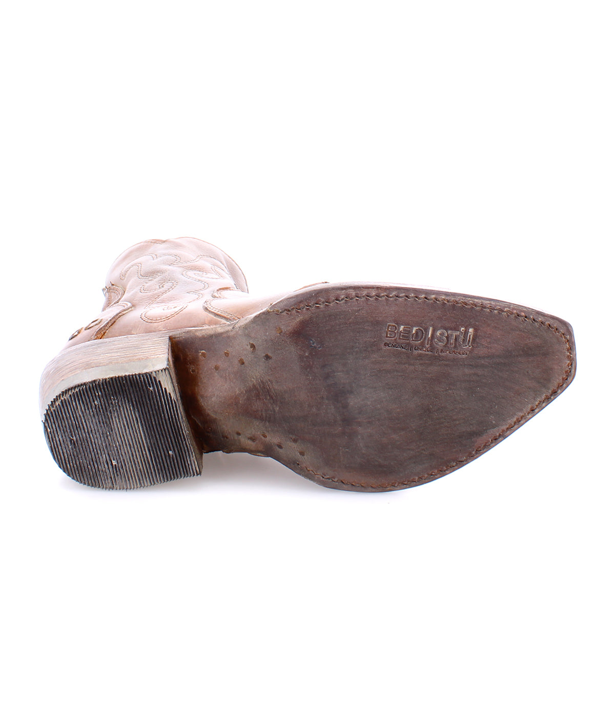 The Ace boot by Bed|Stü is shown sole up, highlighting the textured heel and "BED|STU" branding on the smooth, slightly scuffed full-grain leather sole—an authentic testament to traditional bootmaking.