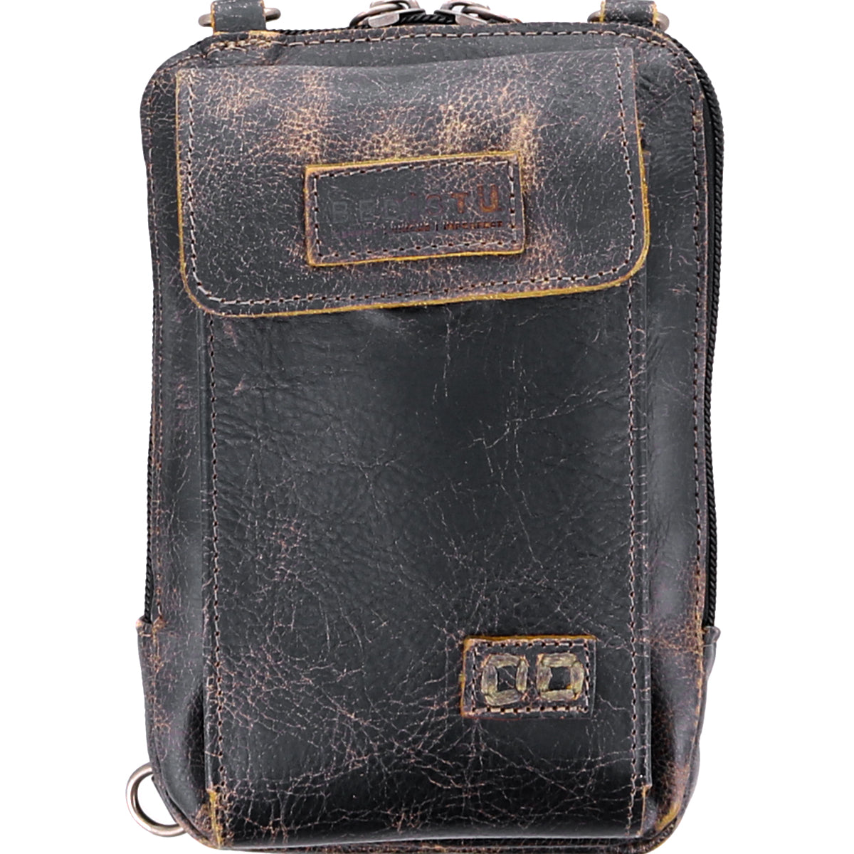 The Alelike by Bed|Stü is a compact, black leather crossbody pouch featuring a front flap, visible stitching, and dual top zippers—ideal for carrying your travel essentials.