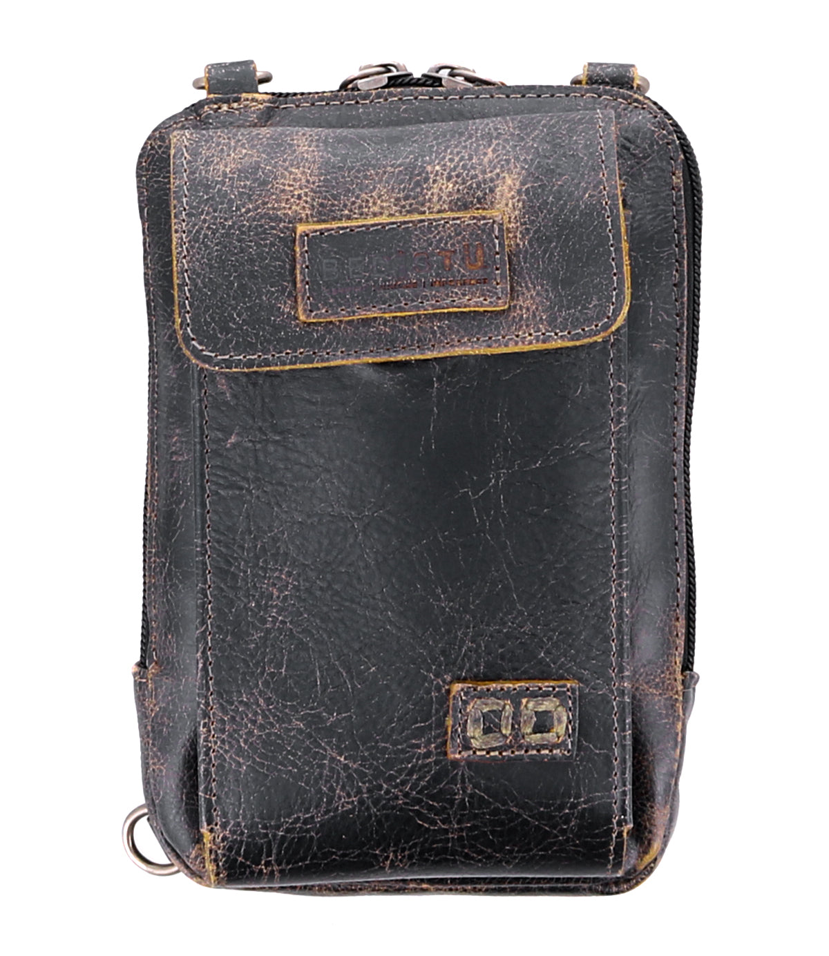 The Alelike by Bed|Stü is a compact, black leather crossbody pouch featuring a front flap, visible stitching, and dual top zippers—ideal for carrying your travel essentials.