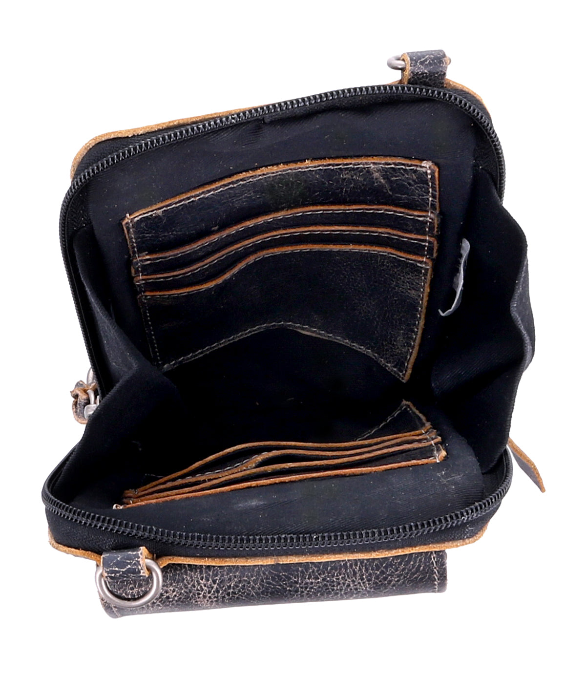 The Alelike by Bed|Stü is an open black leather wallet featuring visible card slots and a zippered pocket, shown empty—making it the perfect compact purse for organizing your travel essentials.